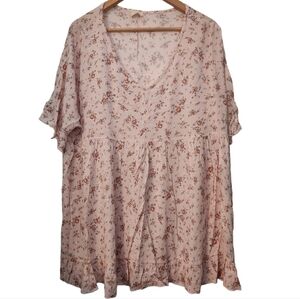 Lovely Melody pink floral short-sleeve ruffled crew-neck  blouse shirt top